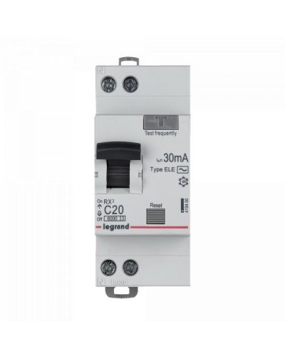 Автоматический выключатель дифференциального тока Legrand RX³ - 6000 - тип характеристики C - 1П+Н - 230 В~ - 20 А - тип AC - 30 мА - 2 модуля. Артикул 419400