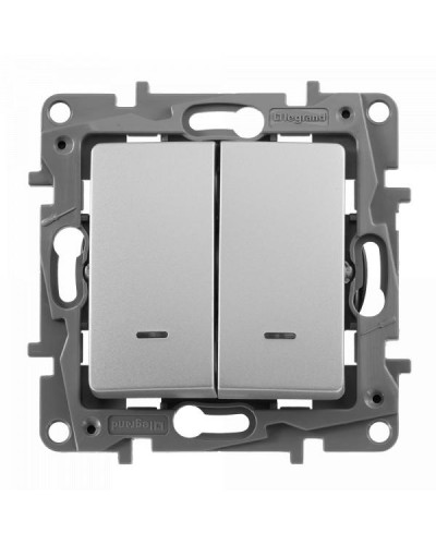 Переключатель Legrand двухклавишный  с подсветкой серии Etika. Цвет Алюминий.